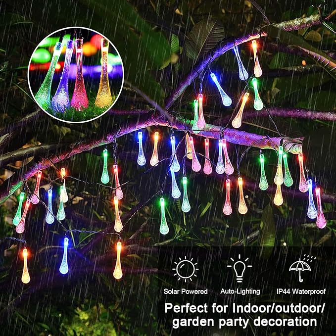 JMEXSUSS 2 Pack Solar String Lights Outdoor, Total 60LED 41.6FT, Water Drop | Outdoor Waterproof, Teardrop, 8 Modes Multi Colored Christmas Lights for Outside Garden Patio Yard Tree Christmas Decorations