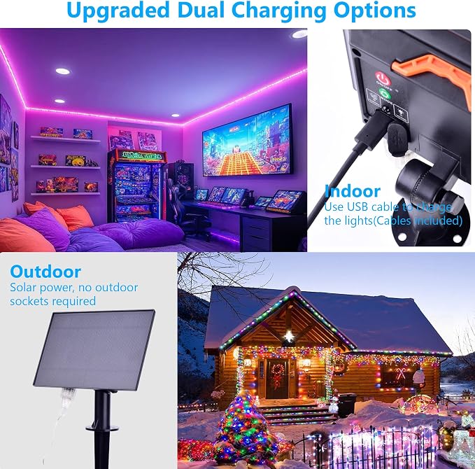 Solar Rope Lights Outdoor Waterproof 66Ft LED String Light with Remote | 200 LEDs 18 Colors Changing Solar Powered & USB Trampoline Light, RGB Strip Fairy Lighting for Outside Pool Christmas Decor
