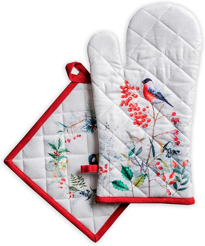 Maison d' Hermine 100% Cotton Oven Mitt & Pot Holder Set (7.5"x13" & 8"x8") Heat Resistant BBQ Cooking Gloves with Loop for Thanksgiving Christmas Decorations Handling Hot Pans (Morzine)