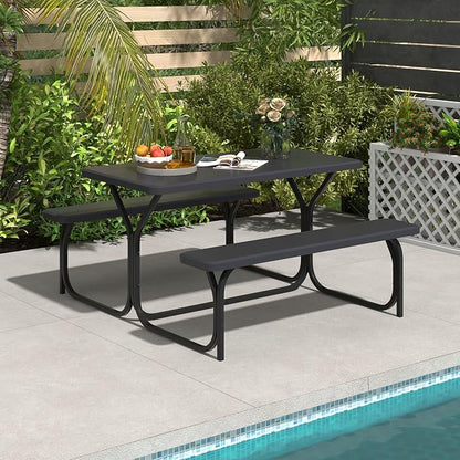 Picnic Table, Outdoor Dining Table with 2 Benches, Wood Grain Tabletop, Heavy Duty Metal Frame, Portable Picnic Table for Outdoors Backyard Garden Lawn Patio Poolside Deck (Black)