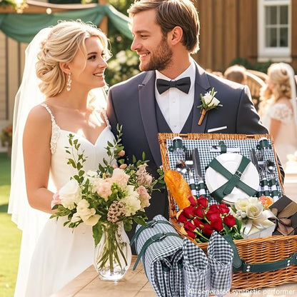Wicker Picnic Basket Set for 4, Blanket, Cooler Bag, Cottage Plaid | Four-Person Wicker Set Includes Tableware, Insulated Food Storage and Waterproof Blanket for Parks, Camping, Dates and Gifts