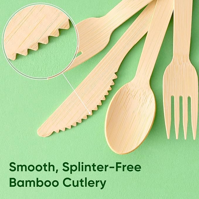 Napkin and Bamboo Cutlery Set, Compostable Utensils Disposable Cutlery for Party, Wedding, BBQ, Camping, Events-100 Pack (Forks, Knives, Spoons, Folded Napkins)