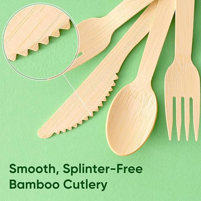 Napkin and Bamboo Cutlery Set, Compostable Utensils Disposable Cutlery for Party, Wedding, BBQ, Camping, Events-100 Pack (Forks, Knives, Spoons, Folded Napkins)