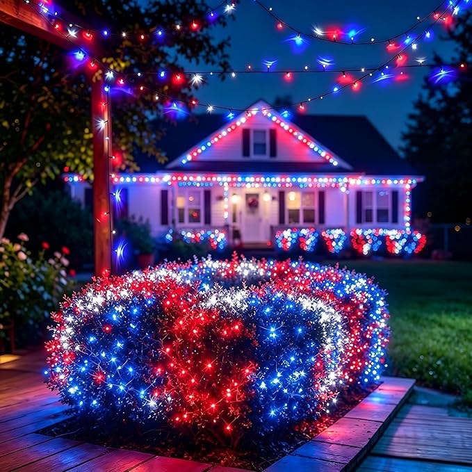 Joomer Red Blue White String Lights Outdoor, 164FT 500LED RGB Lights with Remote Timer Memory, Waterproof Indoor Outdoor 4th of July Independence Day Memorial Day Patriotic Yard Garden Decor