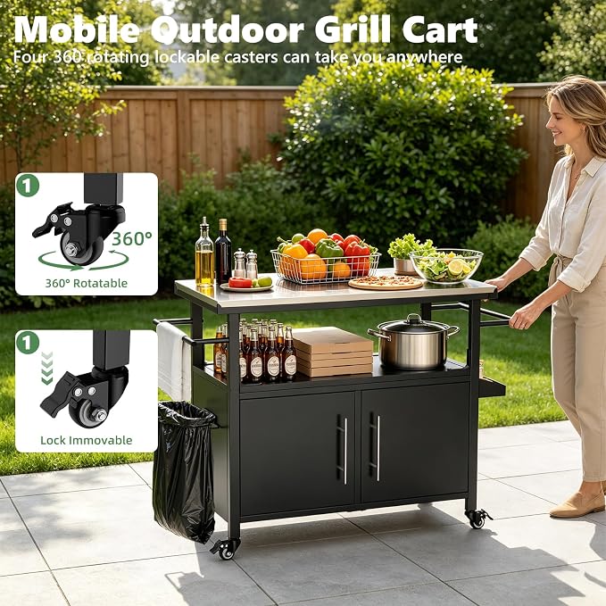 KEIKI Outdoor Grill Cart with Stainless Steel Top, Storage Cabinet & Wheel