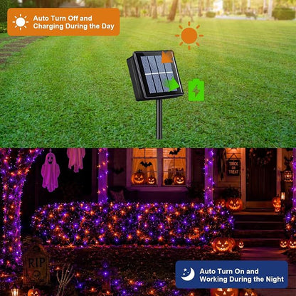 QITONG Solar Halloween String Lights, 2 Pack Each 33ft 100 LED Orange and Purple Led Lights Outdoor Waterproof, 8 Modes Christmas Solar Twinkle Lights for Patio Porch Decor