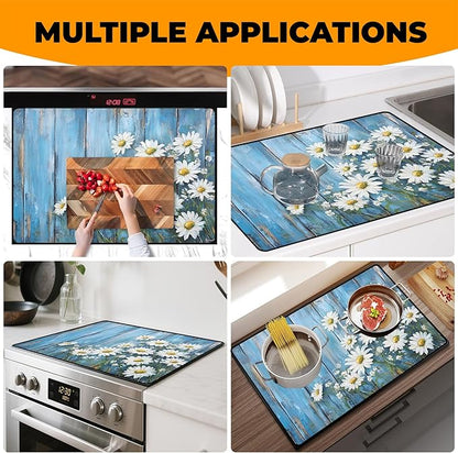 Silicone Glass Stove Top Cover- Mat for Electric Stove Protector with Anti-Slip Rubber Coating Scratch-Resistant XL Dish Drying Mats For Kitchen (Chrysanthemum, 30"L x 21"W)