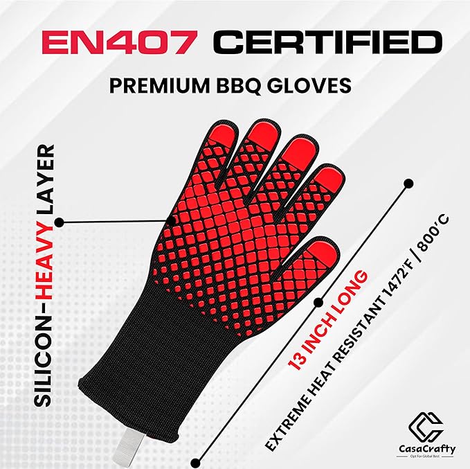 PRO-Series BBQ Gloves - Extreme Heat Resistant 1472°F | EN407 Certified Fireproof/Heatproof Grill Mitts with Silicone Grip | 13” Long for Grilling, Baking, Cooking, Camping & Welding by CASACRAFTY
