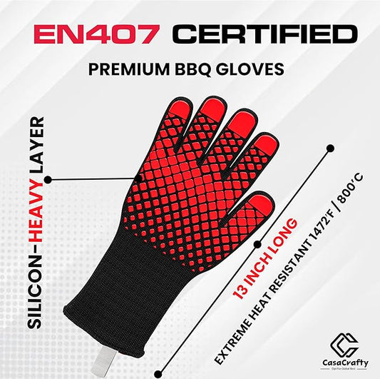 PRO-Series BBQ Gloves - Extreme Heat Resistant 1472°F | EN407 Certified Fireproof/Heatproof Grill Mitts with Silicone Grip | 13” Long for Grilling, Baking, Cooking, Camping & Welding by CASACRAFTY