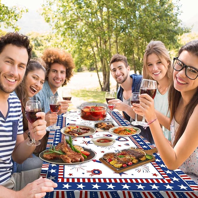JAWO 4th of July Picnic Table Cover with Bench Covers Set of 3, Patriotic Red White Blue Star Heart American Flag Waterproof Foldable Fitted Picnic Tablecloth for Outdoor Patio BBQ Party, 30X60in