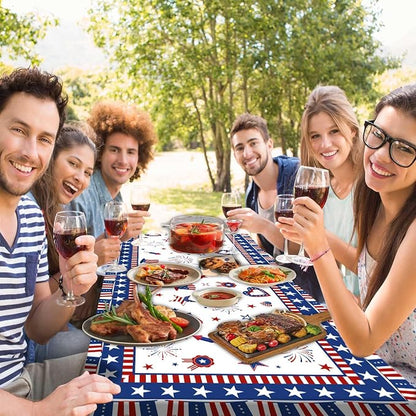 JAWO 4th of July Picnic Table Cover with Bench Covers Set of 3, Patriotic Red White Blue Star Heart American Flag Waterproof Foldable Fitted Picnic Tablecloth for Outdoor Patio BBQ Party, 30X96in