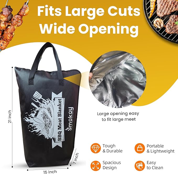 BBQ Blanket for Resting Meat - Brisket Blanket & 5-Layer Reusable Insulated Meat Resting Bag with Wide Mouth Design & Max Heat Retention for Tender with Pork & Turkey (21 Inch Black)