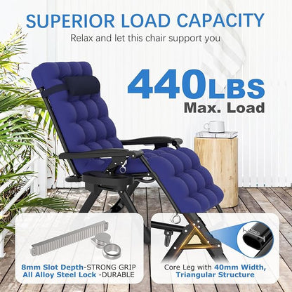 Slendor Zero Gravity Chair, Recliner Lounge Chairs with Cushion, Royal Blue | Reclining Lounge Chair, Folding Anti Gravity Chairs w/Upgraded Lock, Removable Upgraded&Headrest, 440lbs, for Indoor Outdoor
