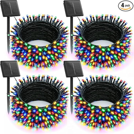 Brightown Solar Christmas Lights, 4 Pack Total 184FT 480 LED, Multicolor | Solar String Lights Outdoor Waterproof Green Wire with 8 Modes, Solar Fairy Light for Garden Yard Patio Party Decors