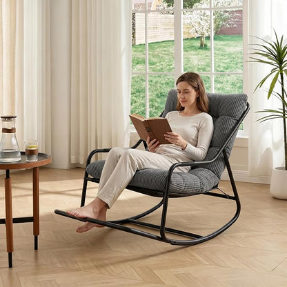 Outdoor Rocking Chairs, Metal Frame Outdoor Rocker with Footrest, Comfy Oversized Patio Chair with Thick Cushion, Reading Glider Lounge Chair for Living Room, Bedroom, Garden, Relax, Gray