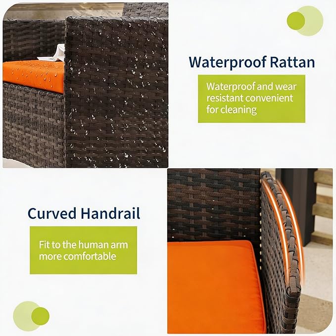 3-Piece Outdoor Furniture Set, PE Rattan Wicker Chairs with Soft Cushions & Tempered Glass Coffee Table - All-Weather Patio Set for Garden, Backyard, Porch, Poolside (Brown/Orange)