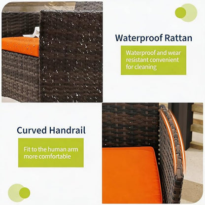 3-Piece Outdoor Furniture Set, PE Rattan Wicker Chairs with Soft Cushions & Tempered Glass Coffee Table - All-Weather Patio Set for Garden, Backyard, Porch, Poolside (Brown/Orange)