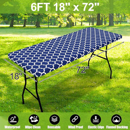 Smiry Picnic Fitted Table Cover, 6 Foot Flannel Backed Vinyl Tablecloth | Waterproof Elastic Stretch Table Cloth, Wipeable Plastic Tablecloth for Camping, Indoor & Outdoor (Navy, 18" x 72")