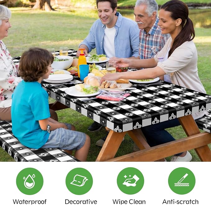 Picnic Table Cover with Bench Covers, Waterproof Tablecloth Set, Four-leaf | Fitted 6ft Tables, for Outdoor Camping, RV, Includes 1 Table Cover(30"x72"), 2 Bench Covers(72"x12"), Drawstring Storage Bag