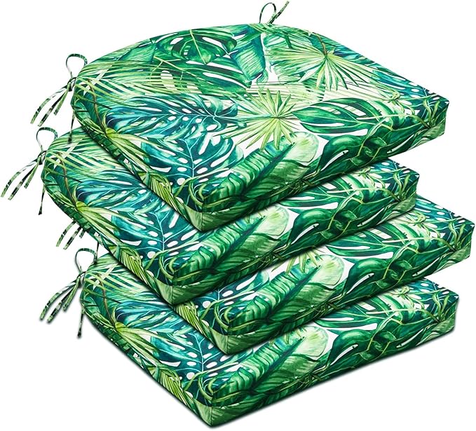 downluxe Outdoor Chair Cushions Set of 4 for Patio Furniture, Water-Resistant Patio Chair Cushions with Ties, High Density Foam Outdoor Seat Cushion, 17" X 16" X 2", Palm Leaves