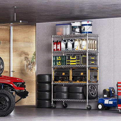 IZEUK 5-Tier Storage Shelving Unit with Wheels, Adjustable Heavy Duty Steel Wire Rack Organizer (Chrome, 17.7" D x 47.2" W x 76.7" H, 1750 lbs Capacity) for Garage, Kitchen, Pantry, Laundry, Basement