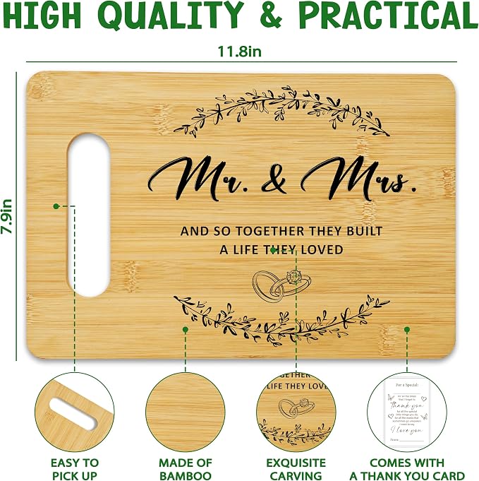 Wedding Gifts for Newlyweds, Bamboo Cutting Board for Kitchen, Mr & Mrs Marriage Chopping Board With A Gift Card, Engagement Bridal Shower Gifts for Bride And Groom -01