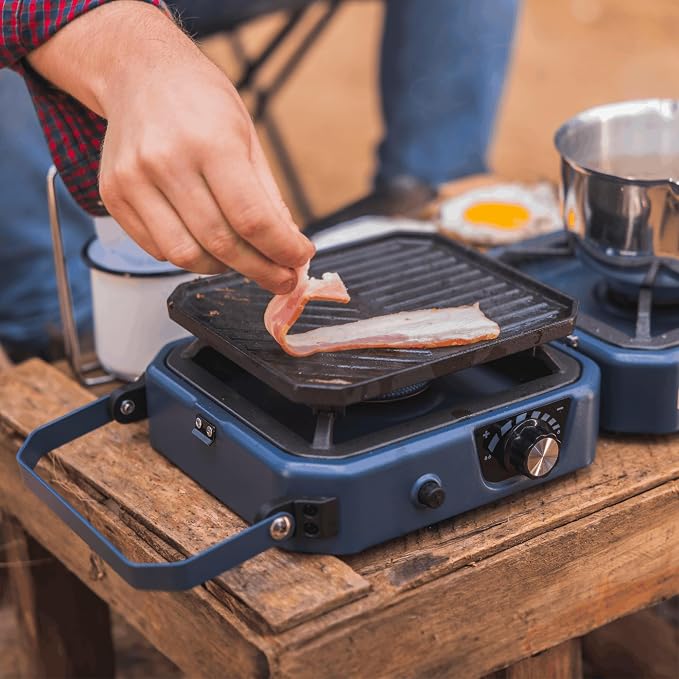 2-Burner Foldable Cetro Camping Stove CFBM PF-1921 with Griddle Portable Propane Camp Stove with 2 Adjustable Burners Piezo Ignition