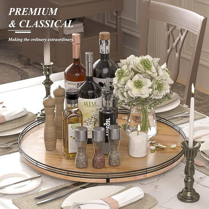 AMH 24-Inch Extra Large Farmhouse Oak Lazy Susan Organizer | Smooth rotating oak tray with walnut finish for dining tables, kitchen counters, pantries and cabinet storage.