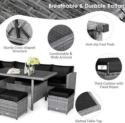 Tangkula 7 Pieces Patio Furniture Set, Outdoor Sectional Rattan Sofa Set with Cushions, All Weather Wicker Conversation Couch Set w/Dining Table & Ottomans for Backyard Garden Poolside, Black