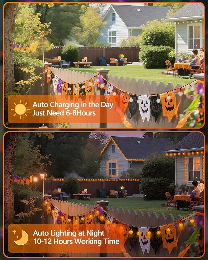 LORRYTE 2 Pack 64FT 100 LED Crystal Globe Solar Halloween Lights, Orange | Halloween String Lights Outdoor Waterproof, 8 Modes, Solar Powered Halloween Decorations for Outside Garden Patio Party Yard