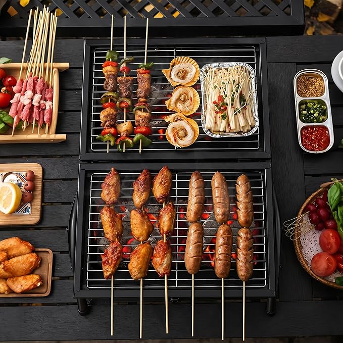 Portable Charcoal Grill (2 IN 1 Double-Sided), Mini Tabletop BBQ Grill 22" x 17", Heavy Duty Steel, Easy Assembly, Compact & Portable for Outdoor Camping, Picnic, Backyard Party