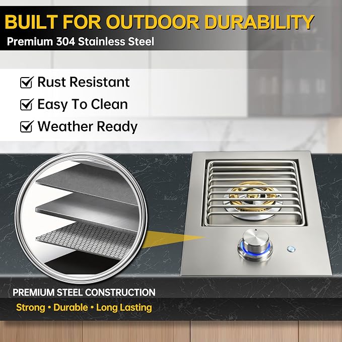 Built-In Single Side Burner for Outdoor Grill with Cover, LED Control Knob | Heavy-Duty 304 Stainless Steel Drop-In Side Burner, 17,500 BTU Propane & Natural Gas Burner for BBQ Island Outdoor Kitchen