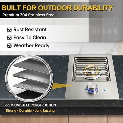 Built-In Single Side Burner for Outdoor Grill with Cover, LED Control Knob | Heavy-Duty 304 Stainless Steel Drop-In Side Burner, 17,500 BTU Natural Gas & Propane Burner for BBQ Island Outdoor Kitchen