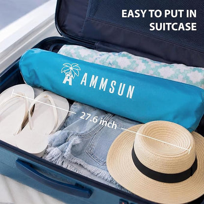 AMMSUN 6.5ft Twice Folded Portable beach umbrella with Sand Anchor Windproof Tilt Pole Air vent UPF 50+ Protection Fits in a large Suitcase Compact For Travel Patio Garden Pool Backyard Sky Blue