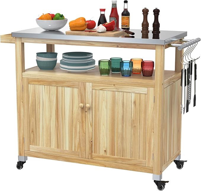 GDLF Outdoor Storage Cabinet Wood Outdoor Kitchen Prep Grill Table with Stainless Steel Top Waterproof Cover (Natural Wood Color)