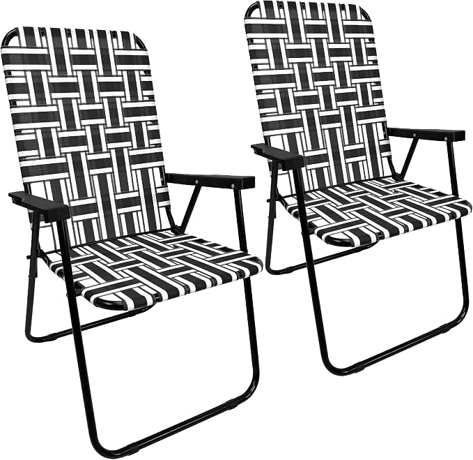 Lawn Chair Folding Steel Webbing Chaise Patio Lounger Seat Wood Handles Great for Camping, Beach, Fishing, Backyard, Stadium, Pool, Boating, and Sports 2 Pack Black