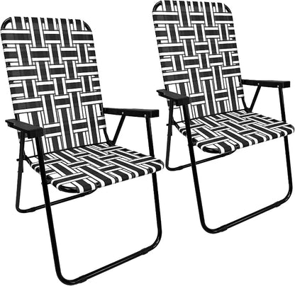 Lawn Chair Folding Steel Webbing Chaise Patio Lounger Seat Wood Handles Great for Camping, Beach, Fishing, Backyard, Stadium, Pool, Boating, and Sports 2 Pack Black