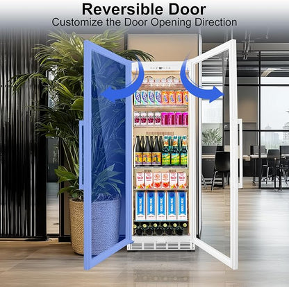 FoMup Commercial Display Refrigerator with Reversible Glass Door, Upright Beverage Cooler Merchandiser, Drink Fridge with Door Lock for Restaurant Supermarket Convenience Store, 13.8 Cu.Ft