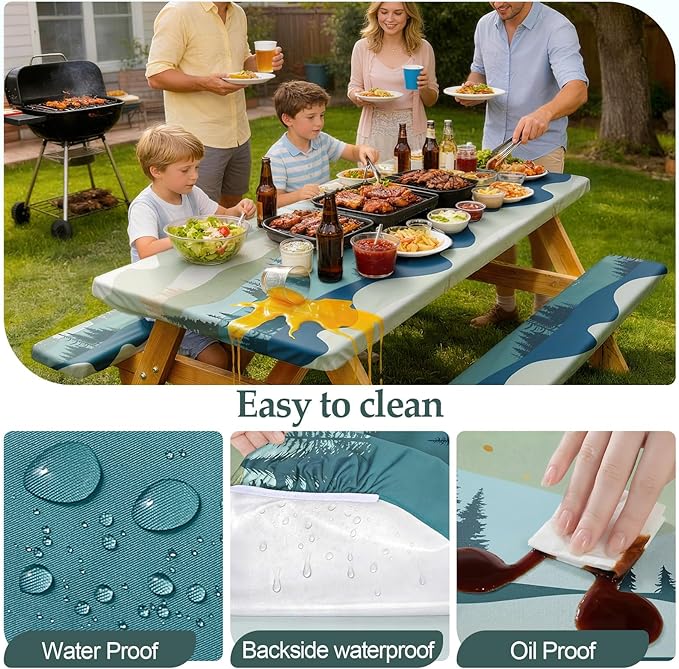 Picnic Table Cover Bench Covers Camping Essentials Tablecloth | Waterproof Vinyl for Outdoor, Windproof Elastic Fitted Edges, RV BBQ Accessories Must Haves, Storage Bag Included