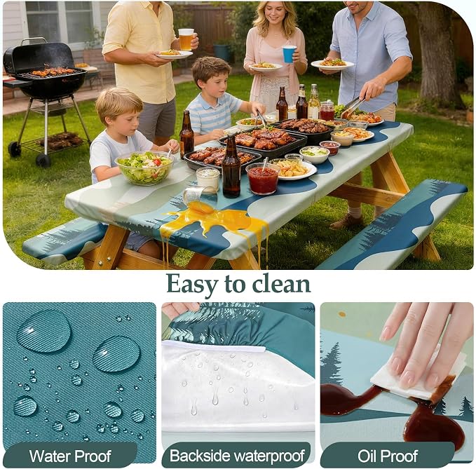 Picnic Table Cover Bench Covers Camping Essentials Tablecloth | Waterproof Vinyl for Outdoor, Windproof Elastic Fitted Edges, RV BBQ Accessories Must Haves, Storage Bag Included