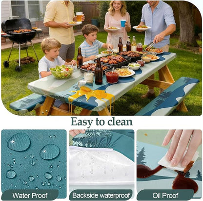 Picnic Table Cover Bench Covers Camping Essentials Tablecloth | Waterproof Vinyl for Outdoor, Windproof Elastic Fitted Edges, RV BBQ Accessories Must Haves, Storage Bag Included