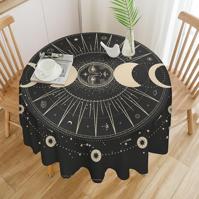 Vintage Moon Sun Round Tablecloth Moon Phase Star Galaxy Zodiac Signs Moonlight Table Cloth Water Resistant Wipeable Table Cover for Farmhouse Picnic Party Holiday Kitchen Dinner Table 70"
