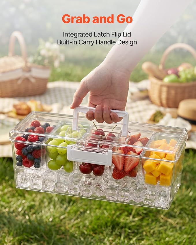VEVOR Chilled Condiment Server Caddy, 5 Compartment Ice Cooled Serving Container, Plastic Fruit Garnish Tray Platter with Lid, for Taco Salad Bar Accessories, Party Home Restaurant Supplies