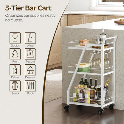 Bar Cart, 3-Tier Home Bar Serving Cart with Wheels, Drink Cart with Glass Holder, Beverage Cart, Rolling Kitchen Cart, for Home, Living Room, Transparent and White BC03WT