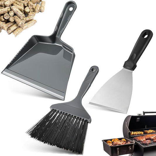 3 Piece Pellet Grill Ash Cleaning Kit, Includes Large Dust Pan, Soft Bristle Brush and Metal Scraper for Easy Removal of Ash, Debris and Grime