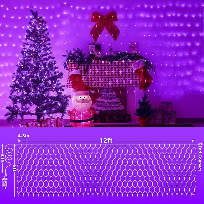 QITONG Purple Net Lights Outdoor Mesh Lights, 360 LED 12ft x 5ft Christmas Net Light with 8 Modes, Clear Wire Bush Light Plug in