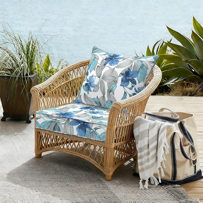 DYTXIII Outdoor Deep Seat Cushion Set, Water Repellent 22"x22" Patio Thick Cushions Replacement with Seat & Back Pillow for Patio Sofa, Wicker Chair, Couch - Clemens Noir Blue