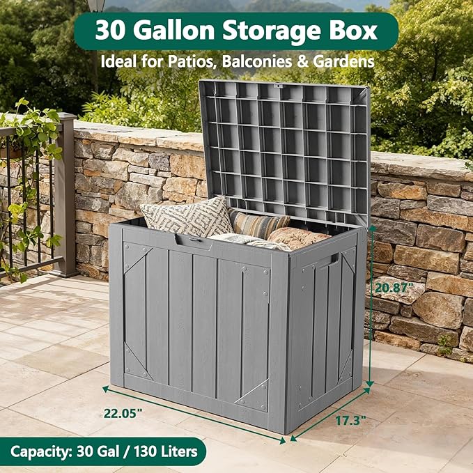 30 Gallon Outdoor Deck Box 4 Pack, Waterproof Resin Patio Storage Boxes with Lockable Lid, Small Outdoor Storage for Cushions, Accessories, Garden Tools, Indoor Outdoor Organizer, Gray
