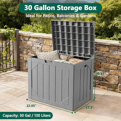 30 Gallon Outdoor Storage Box, Waterproof Resin Deck Box Organizer for Patio Cushion Storage, Lockable Outside Container for Garden Tools