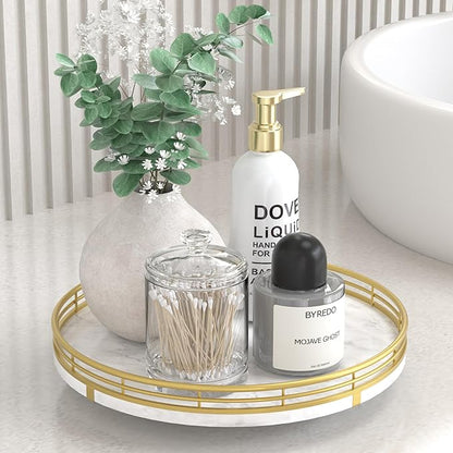 AMH 10-Inch White Marble Lazy Susan with Gold Frame | Smooth rotating oak tray with walnut finish for dining tables, kitchen counters, pantries and cabinet storage.